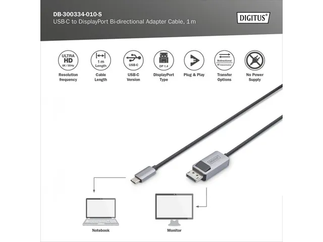 8K@30Hz. USB Type C naar DP adapterkabel HBR3 zwart 1m