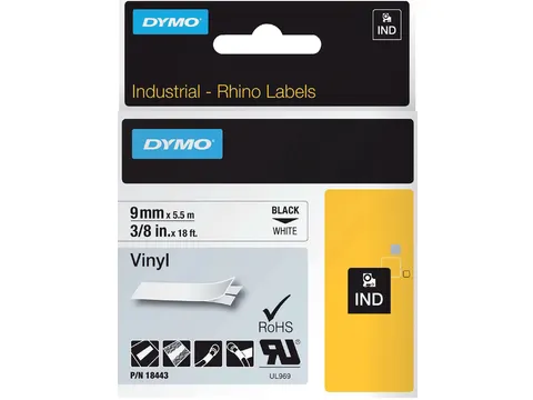 Labeltape Dymo Rhino 18443 Vinyl 9mmx5.5m Zwart Op Wit