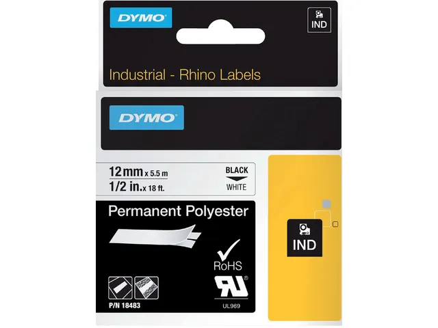 Labeltape Dymo Rhino 18483 Polyester 12mmx5.5m Zwart Op Wt