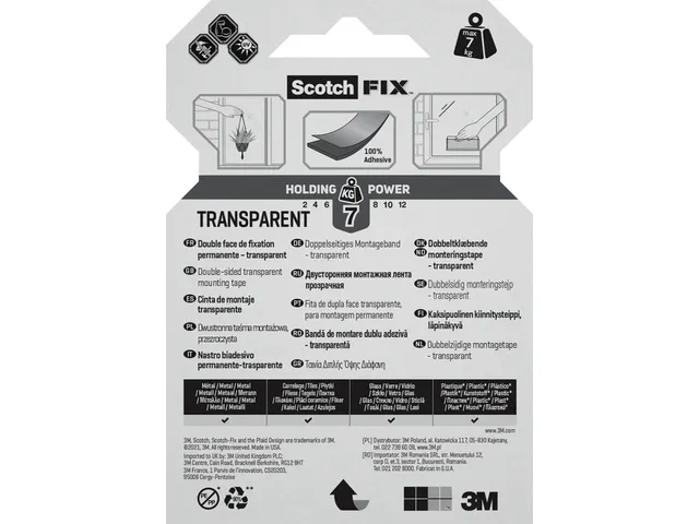 Plaktape 3m Scotch Montage 19mmx1.5m Transparant 2z