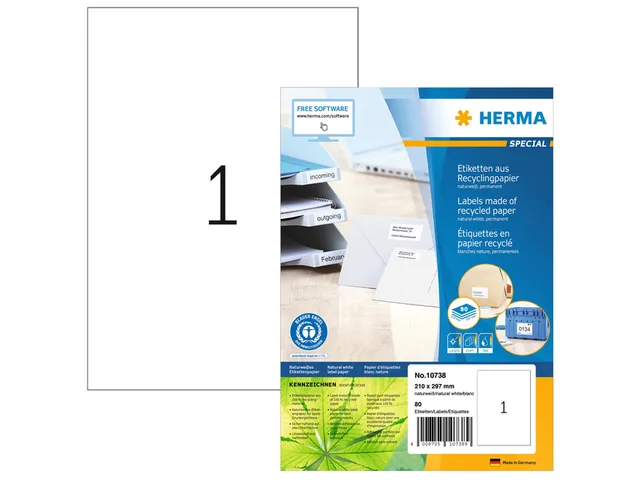 HERMA 10738 Etiketten gerecycled papier A4 210x297mm Wit 80 stuks