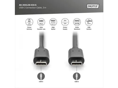 USB Type-C-aansluitkabel Type-C-CM/M 3m 5V/3A 15W 480MB 2.0 Zwart