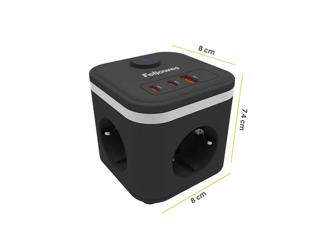 Stekkerblok Fellowes Power Cube F 3-voudig 1xUSB-A 2xUSB-C 2m zwart