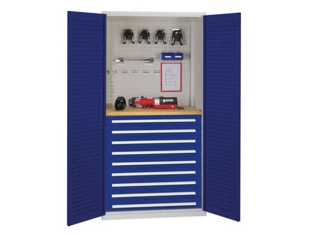 Materiaalkast Geperf. Deuren 1950x1000x600mm 9laden Werkbank Ral5010