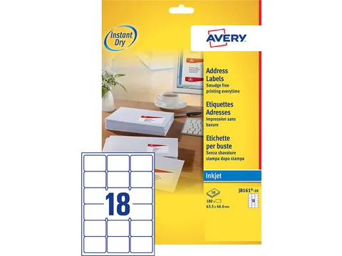 Adresetiket Avery J8161-10 63.5x46.6mm Inkjet Wit 180 stuks