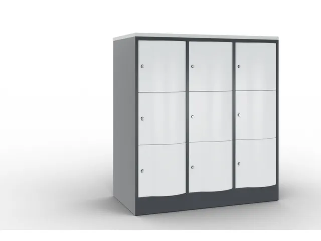 lockerkast 1255x1150x640mm 3x3 vakken RAL7021 front RAL7035 sokkel