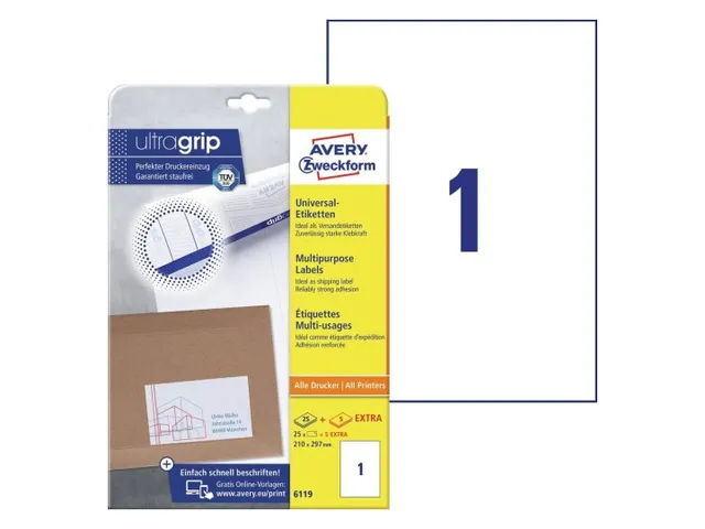 Etiket Avery Zweckform 6119 210x297mm A4 wit 25stuks