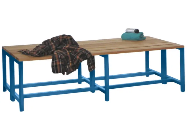 banc double,LxP 2000x740mm,barrettes en bois hêtre,piètement RAL5010