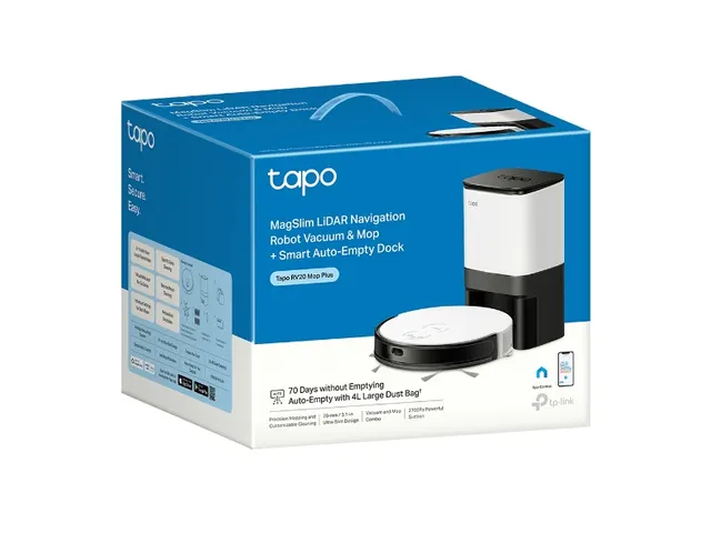 TP-Link Tapo RV20 Mop Plus, Sac à poussière, Noir, Blanc, Rond, Sac