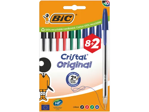 Balpen Bic Cristal medium assorti blister à 8+2 gratis