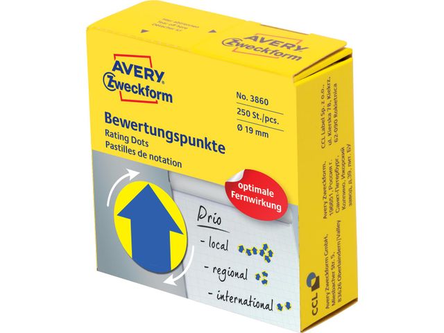 Avery rating dots, diameter 19mm, rol met 250 stuks, blauw/geel, pijl | AveryEtiketten.be