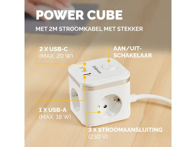 Stekkerblok Fellowes Power Cube F 3-voudig 1xUSB A 2xUSB C 2m wit