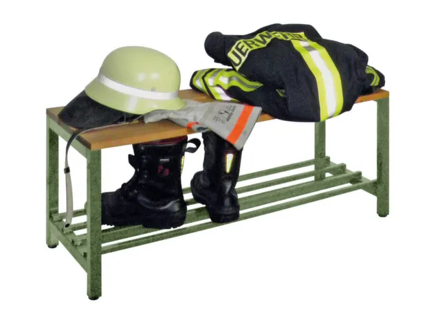 banc-patère,LxP 1000x370mm,barrettes en bois hêtre,piètement RAL601