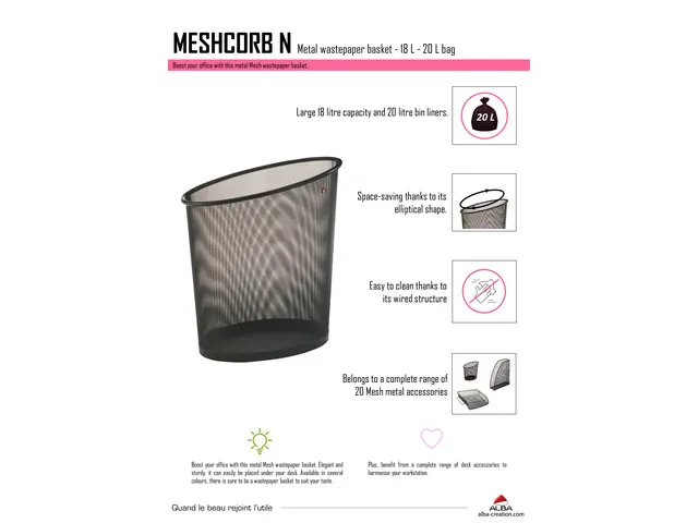 Corbeille à papier Alba Mesh 18 litres, en treillis métallique noir