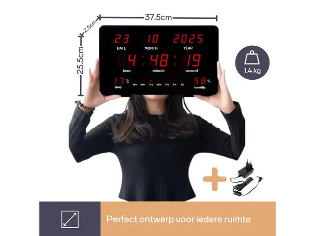 Digitale wandklok Zwart LED-display 37.5x25.5cm