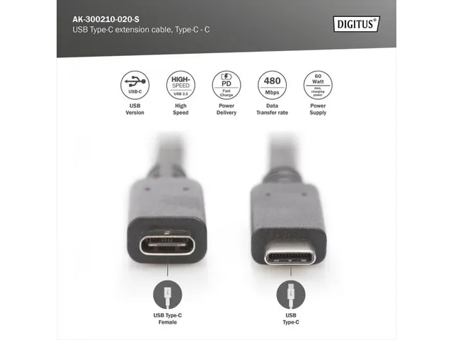 USB Type-C verlengkabel Type C St/Bu 2m 3A 480MB Versie 2.0 Zwart