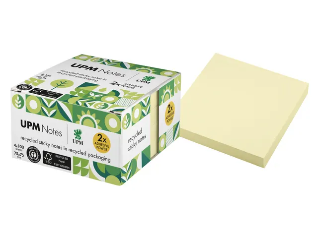 Sticky notes UPM recycled 75x75mm geel blok 100 vel, doos 4x blok
