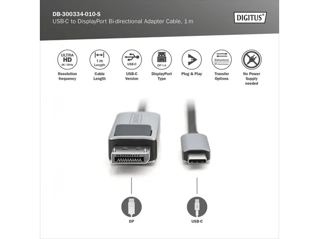8K@30Hz. USB Type C naar DP adapterkabel HBR3 zwart 1m