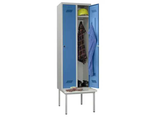 Armoire vestiaire avec banc,RAL7035,face avant RAL5012