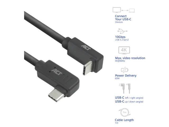 Kabel ACT USB-C hoek links/rechts USB-C hoek boven/beneden 10Gbps 1m