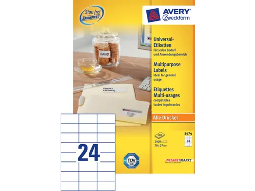Etiket Avery Zweckform 3474 70x37mm wit 2400stuks
