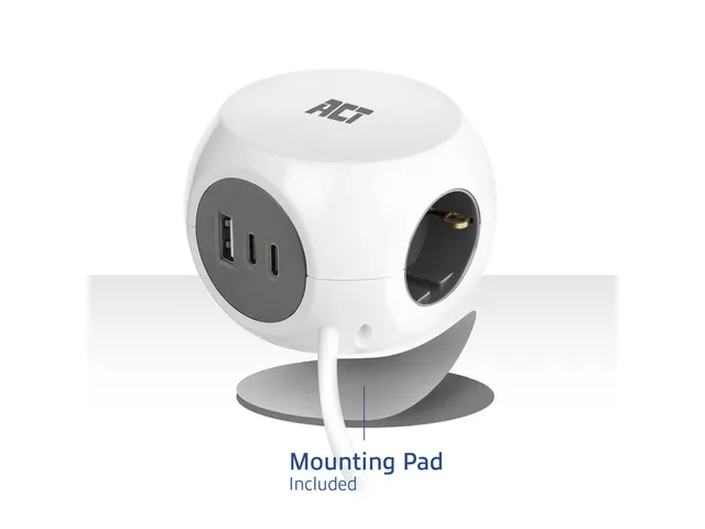 Stekkerblok ACT 3 voudig inclusief 2x USB C en A 1.5 meter wit/grijs