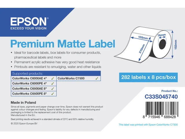 Premium Matte Label - Die-Cut Roll: 105mm x 210mm, 282 labels