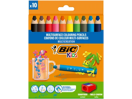 Kleurpotloden BicKids Multi Surface + puntenslijper assorti 10 stuks