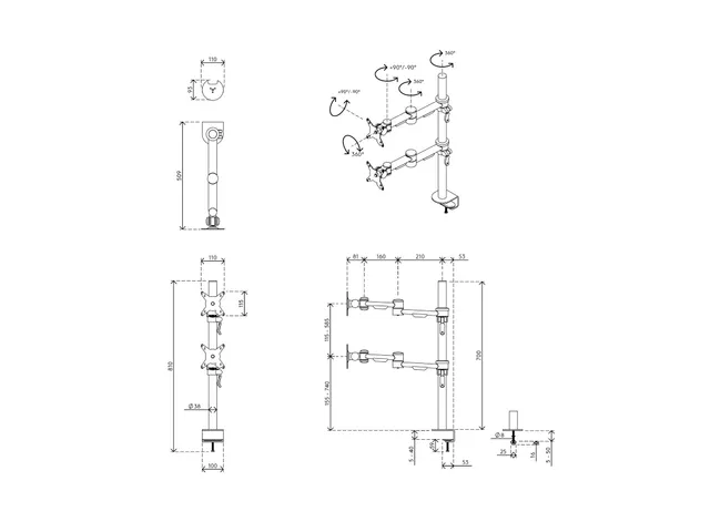 Bras support vertical 2 écrans bureau Viewmate Style 682 Argent