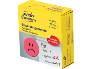 Avery rating dots, diameter 19mm, rol met 250 stuks, smiley, rood - 1