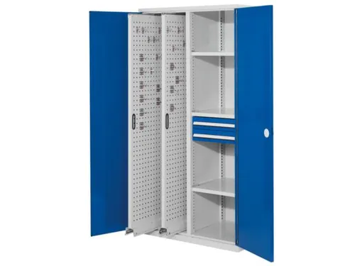 Uitschuifkast 1950x1000x600mm 2uitsch.wanden 3legborden 2laden Ral5010