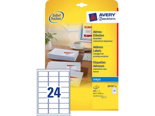 Adresetiket Avery J8159-10 63.5x33.9mm Inkjet Wit 240 Stuks