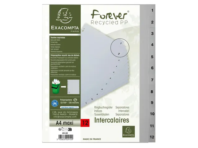 Tabbladen PP A4+ bedrukt 1-12 grijs