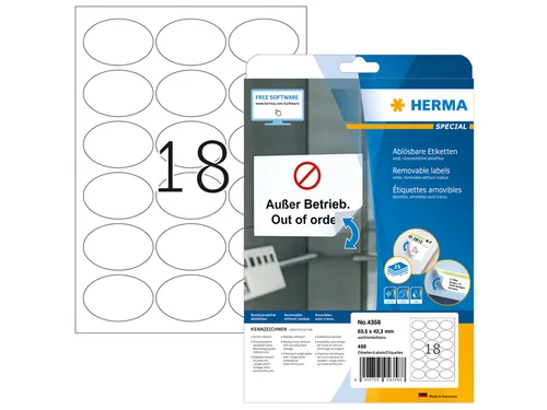 HERMA 4358 Verwijderbare etiketten A4 Ovaal 63,5x42,3mm Wit 450 stuks