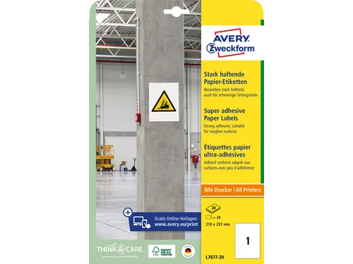 Avery Zweckform L7877 Sterk klevende etiketten A4 210x297mm 20 stuks