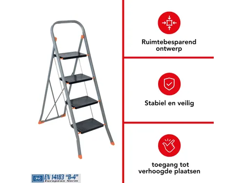 Huishoudtrap met hoge beugel 4 treden antislip inklapbaar tot 150 kg