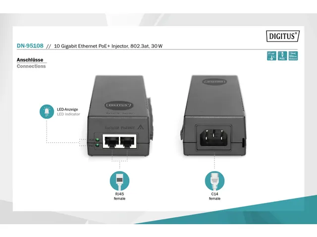 10 Gigabit Ethernet PoE+-injector, 802.3at 30W