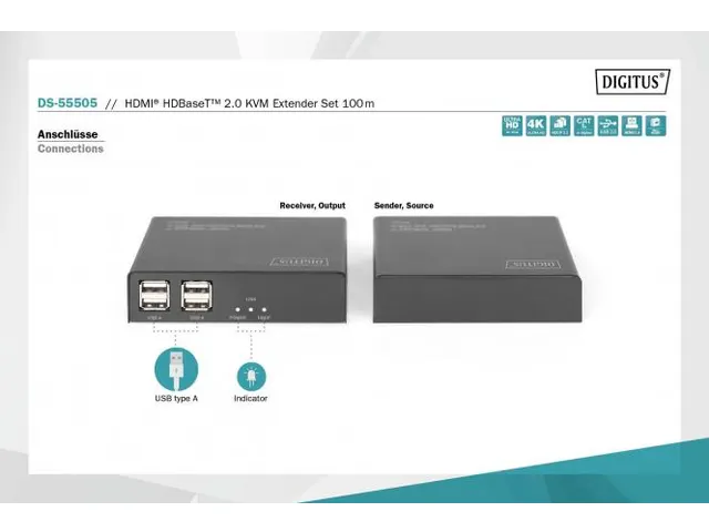 4K HDMI HDBaseT 2.0 KVM-verlengset 100m 4K/60Hz (4:2:0) 6x USB
