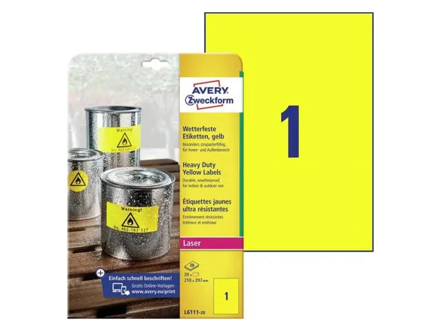 Avery Zweckform Ultra sterk etiket L6111-20 210x297mm Geel 20 stuks