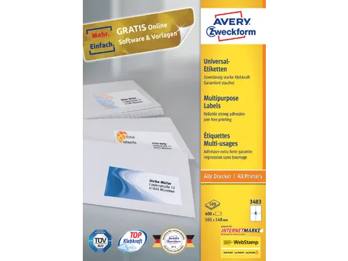 Etiket Avery Zweckform 3483 105x148mm A6 wit 400stuks