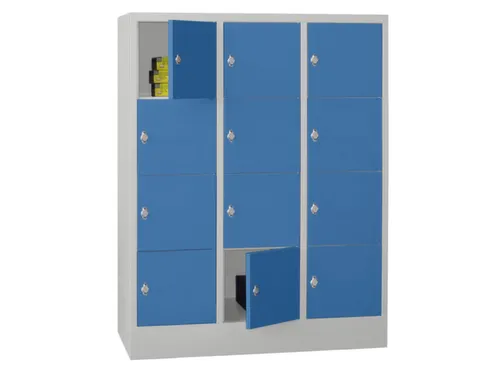 lockerkast,HxBxD 1518x1200x500mm,3x4vakken,RAL7035,front RAL5012