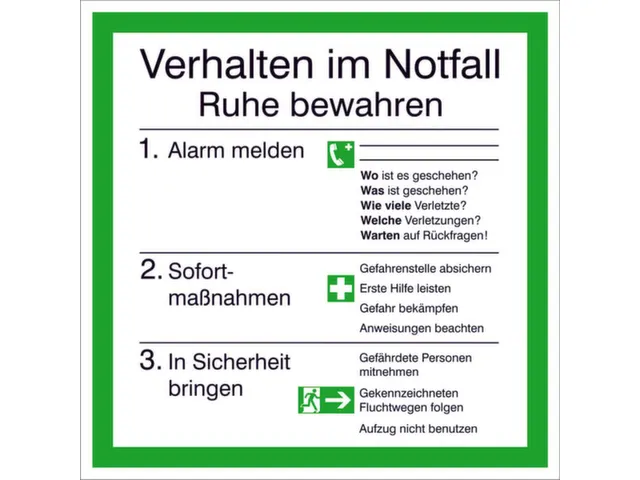affiche,Gedrag in noodgevallen,PVC,groen/wit/zwart,om te verlijmen