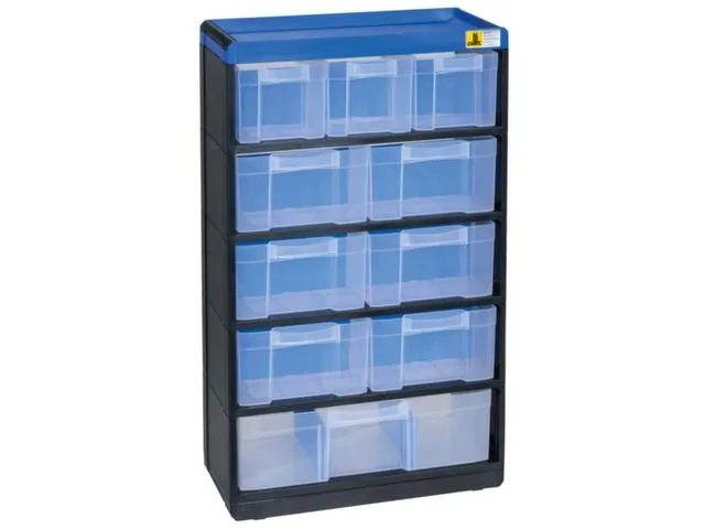 magazijnkast HxBxD 525x300x135mm 10laden behuizing zwart/blauw