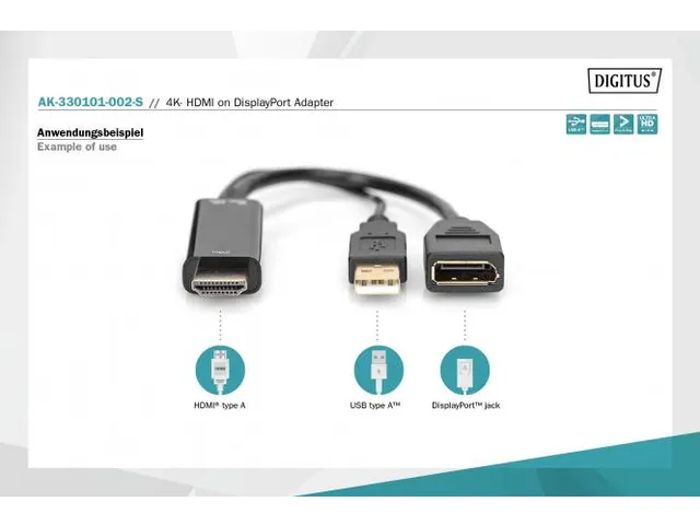 HDMI-adapter type HDMI DP M/M 0,3m ext. Voeding 4K@30Hz zwart