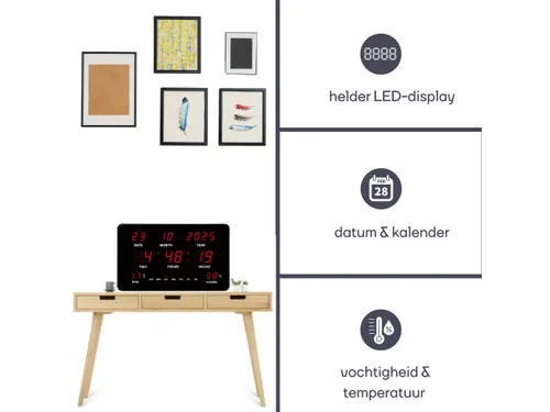 Digitale wandklok Zwart LED-display 37.5x25.5cm