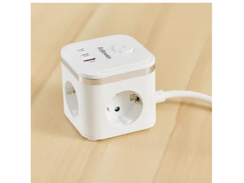 Stekkerblok Fellowes Power Cube F 3-voudig 1xUSB A 2xUSB C 2m wit