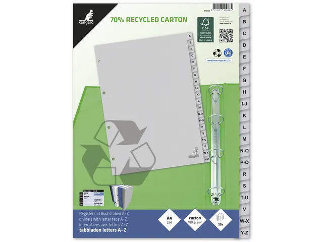 Tabblad ECO Kangaro A4 letters 180 grams grijs karton 4-gaats 20-delig