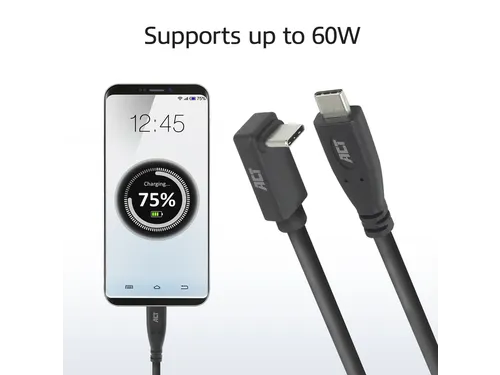 Kabel ACT USB-C standaard naar USB-C hoek boven/beneden 10Gbps 1m