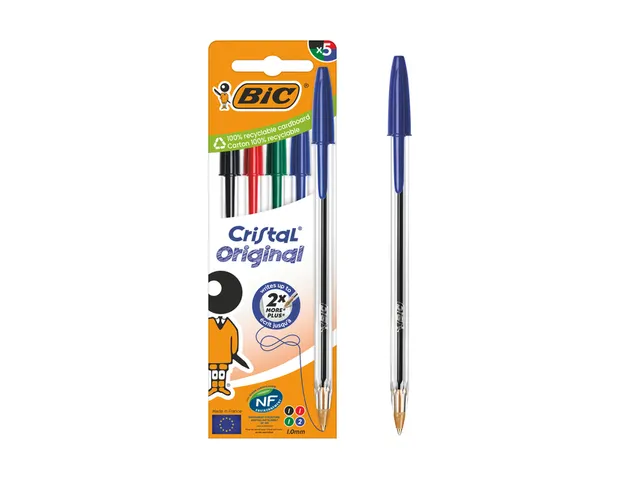 Balpen Bic Cristal medium assorti blister à 5 stuks