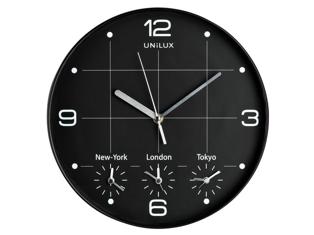 Wandklok Unilux On Time Ø30,5cm zwart/wit tijdzone cijfers | OfficeKlok.nl